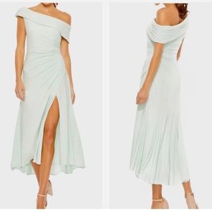 NWT Ieena for Mac Duggal 26484 Mint Green Ruched Off‑Shoulder Midi Dress 0